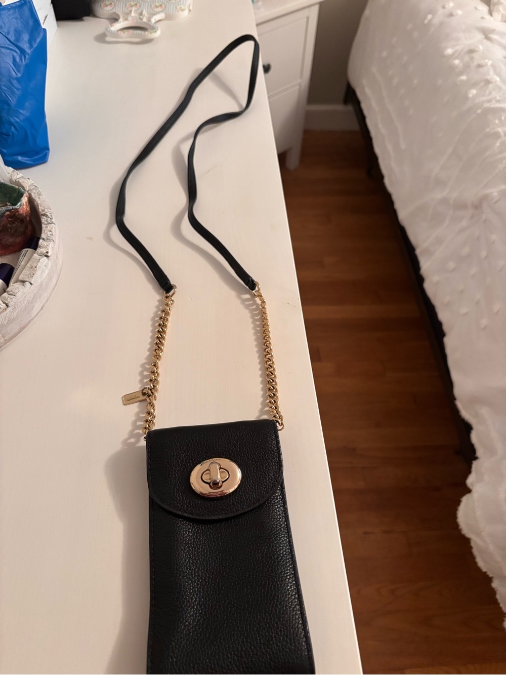 Coach Black Leather Crossbody Phone Pouch with Gold Chain